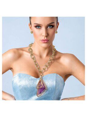 Tigerstars Bold Purple Geometric Resin Pendant Chunky Chain Statement Necklace